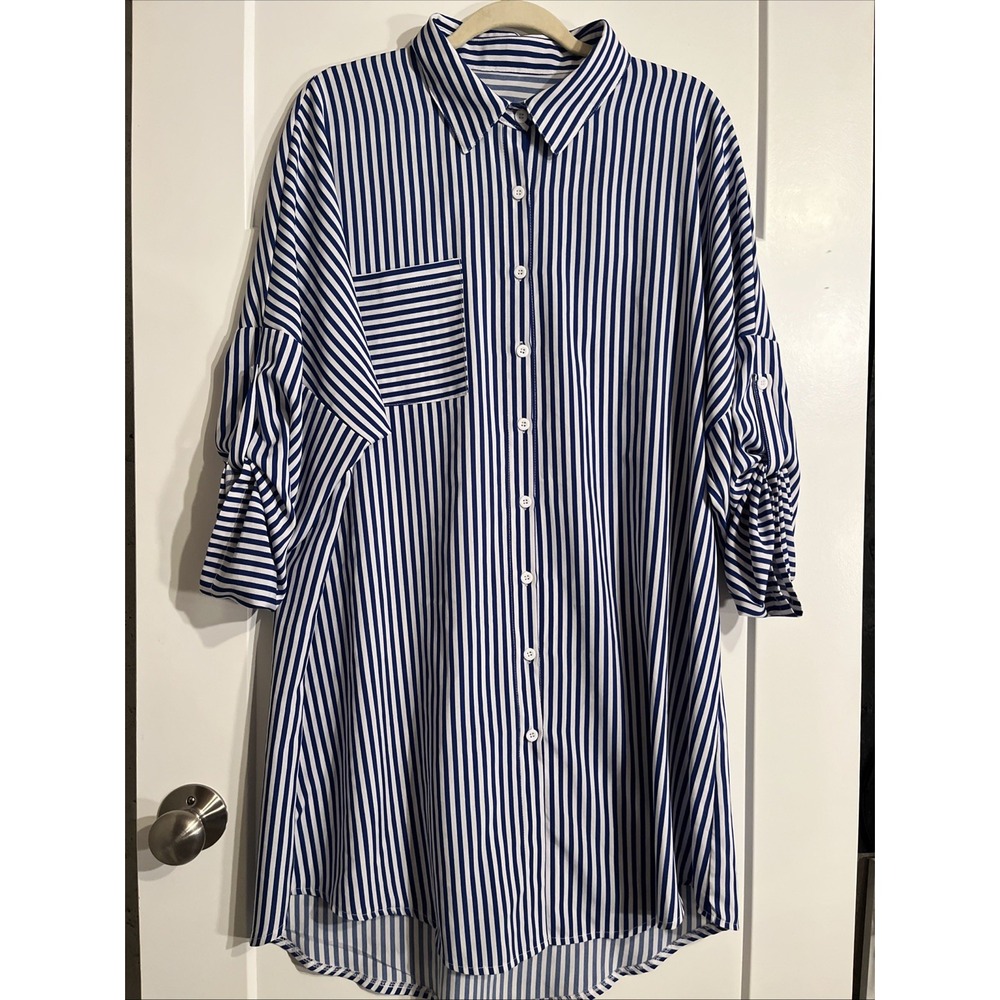 SHEIN blue and white striped button-down shirt dress with tabbed sleeves Size XL